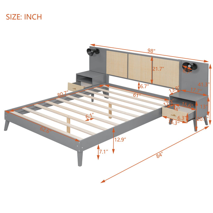 Solid Wood Bed Frame With 2 Nightstands, Elegant Design With Lamps, Rattan And Wood Combination