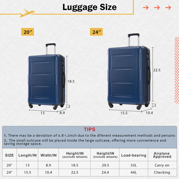 2 Piece Luggage Set With Bags Expanable Spinner Wheels ABS Lightweight Suitcase With Tsa Lock 20" / 24"