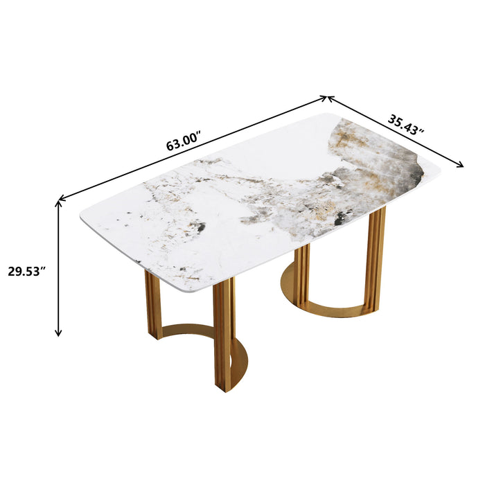 63" Modern Artificial Stone Pandora White Curved Metal Leg Dining Table, 6 People - Antique White