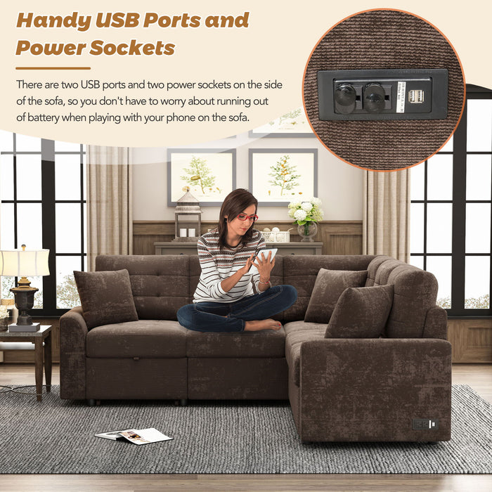 L-Shape Sofa Bed Pull-Out Sleeper Sofa With Wheels, USB Ports, Power Sockets For Living Room