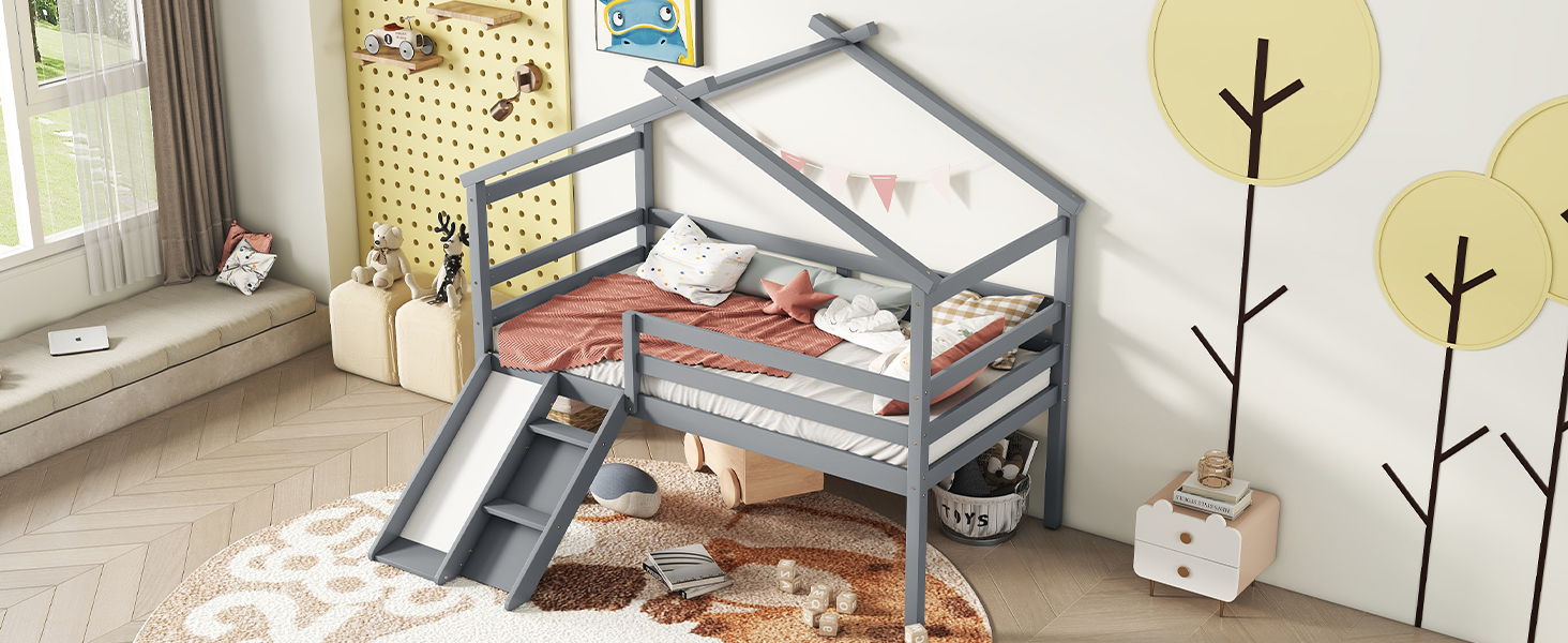 Low Loft House Bed With Slide, Ladder, Safety Guardrails, House Roof Frame