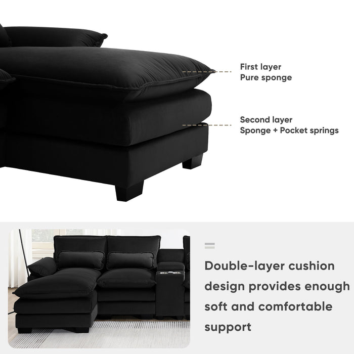 Modern U-Shaped Sofa With Console, Cupholders And USB Ports, 6 Seat Upholstered Symmetrical Indoor Furniture, Sleeper Couch Set With Chaise For Living Room