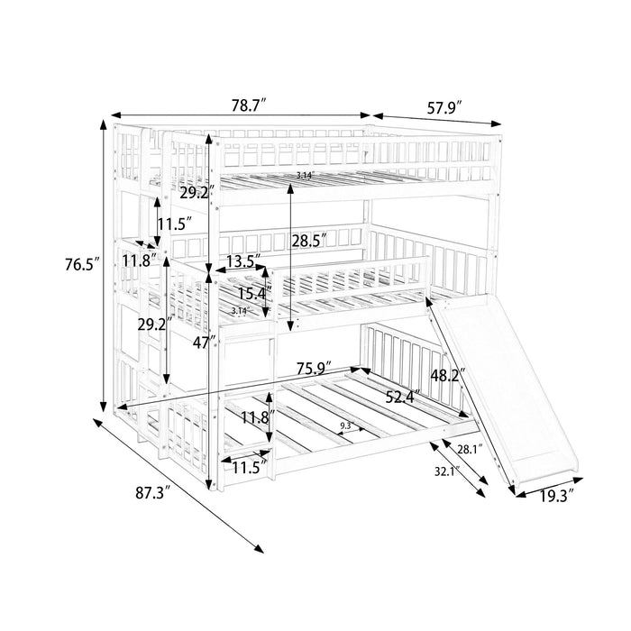 Full Over Full Over Full Triple Bed With Built-In Ladder And Slide, Triple Bunk Bed With Guardrails - White