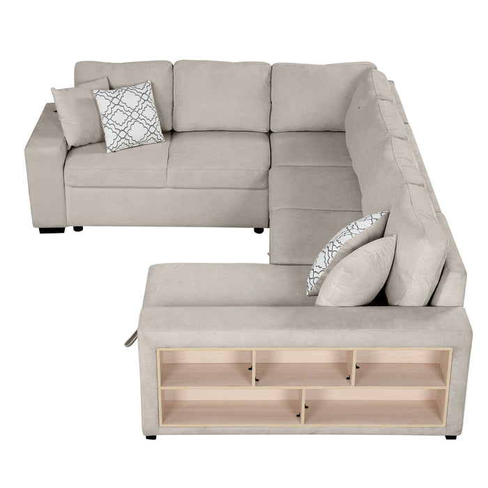 U-Shaped Sectional Sofa Pull-Out Sofa Bed With Two USB Ports, A Storage Chaise Lounge And Four Back Pillows For Living Room