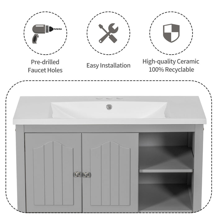 Bathroom Vanity With Ceramic Basin, Bathroom Storage Cabinet With Two Doors And Drawers, Solid Frame, Metal Handles