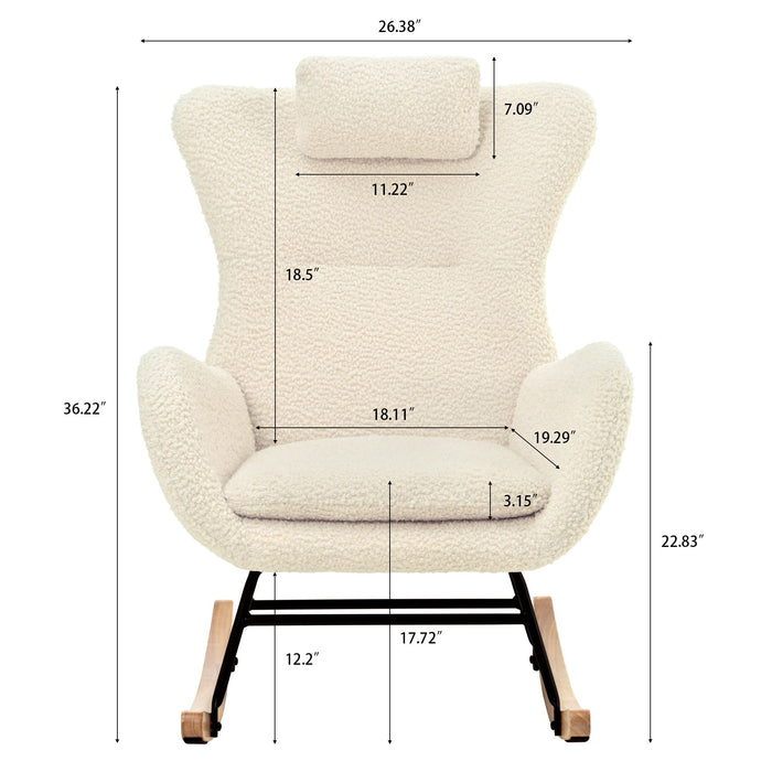 Rocking Chair Nursery, Teddy Upholstered Rocker Glider Chair With High Backrest, Adjustable Headrest & Pocket, Comfy Glider Chair For Nursery, Bedroom, Living Room, Offices, Rubber Wood