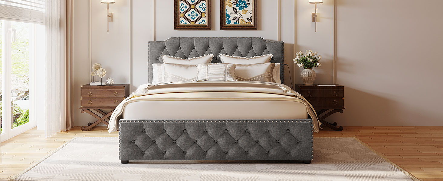 Upholstered Platform Bed With 2 Drawers And 2 Sets Of USB Ports On Each Side, Linen Fabric