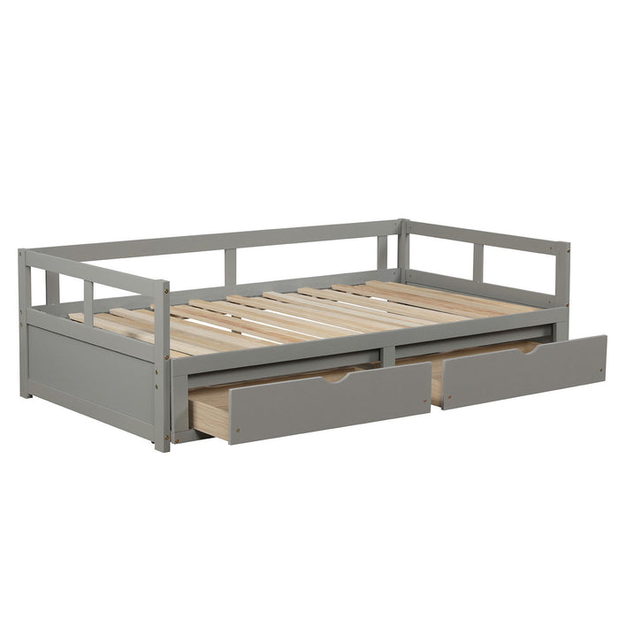 Wooden Daybed With Trundle Bed And Two Storage Drawers, Extendable Bed Daybed, Sofa Bed For Bedroom Living Room