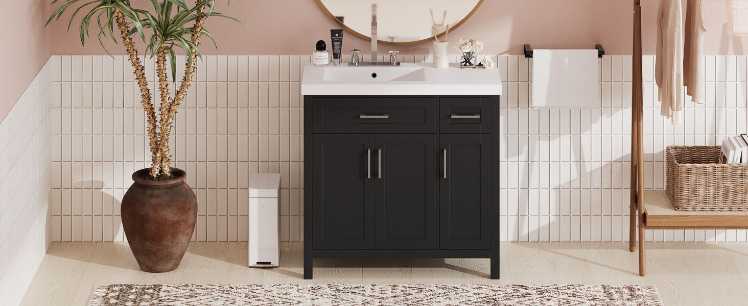 Bathroom Vanity Cabinet With Resin Integrated Sink - 2 Drawers, 3 Doors