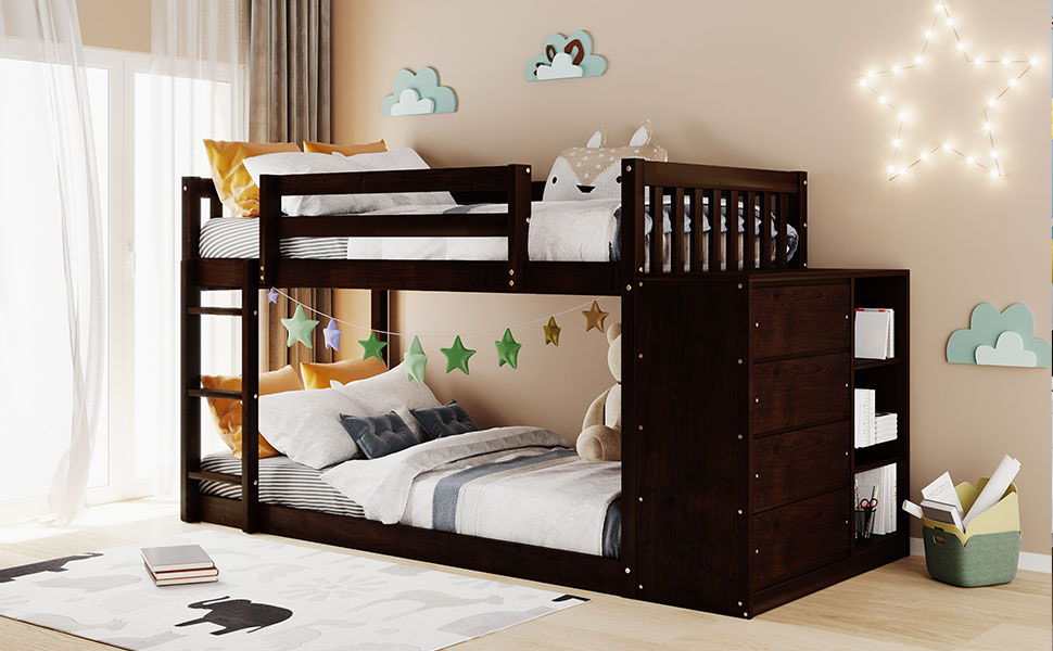 Twin Over Twin Bunk Bed With 4 Drawers And 3 Shelves