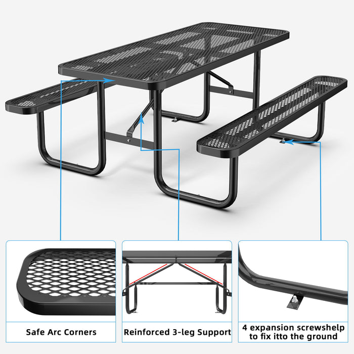 Expanded Rectangular Picnic Table - Black - Metal