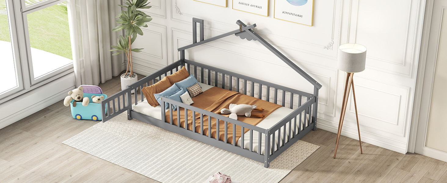 House-Shaped Bedside Floor Bed With Guardrails, Slats, With Door