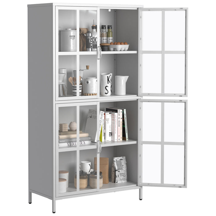 Premium Metal Storage Cabinet With Tempered Glass Doors, Adjustable Shelves, Anti-Tipping Device, Magnetic Silent Closure, And Adjustable Feet For Home And Office Use