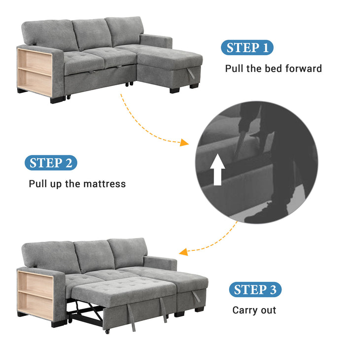 Stylish And Functional Light Chaise Lounge Sectional With Storage Rack Pull-Out Bed Drop Down Table And USB Charger