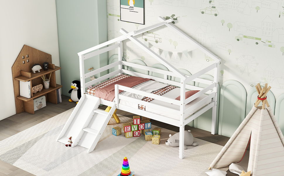 Low Loft House Bed With Slide, Ladder, Safety Guardrails, House Roof Frame