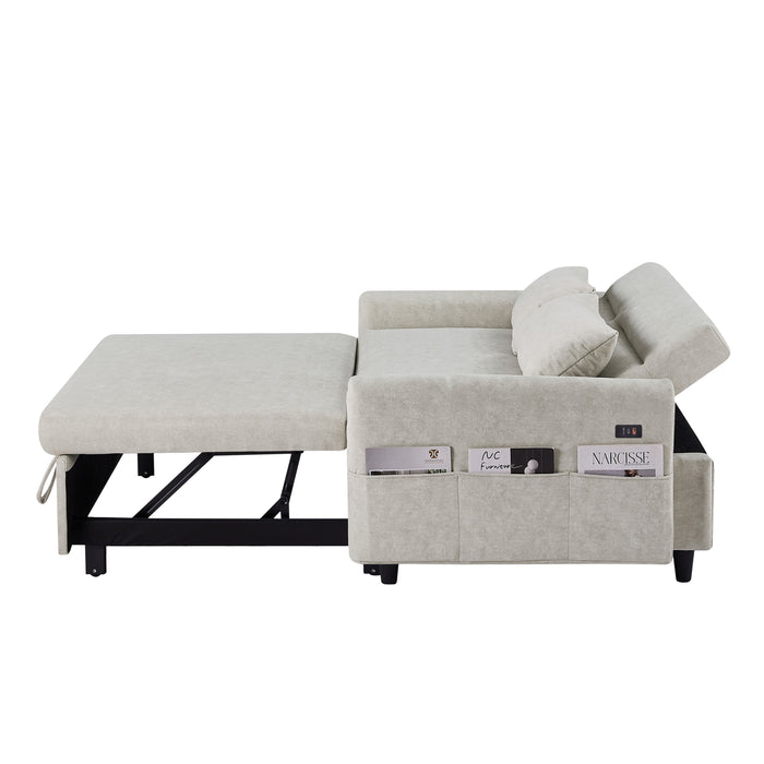 Pull Out Sleep Sofa Bed Loveseats Sofa Couch With Adjsutable Backrest, Storage Pockets, 2 Soft Pillows, USB Ports For Living Room