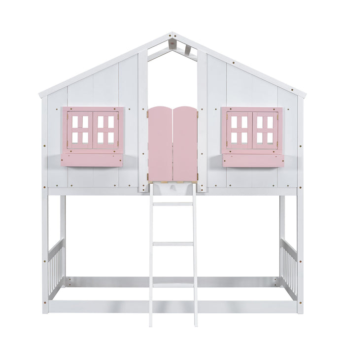 House Bunk Bed With Roof, Window, Window Box, Door, With Safety Guardrails And Ladder