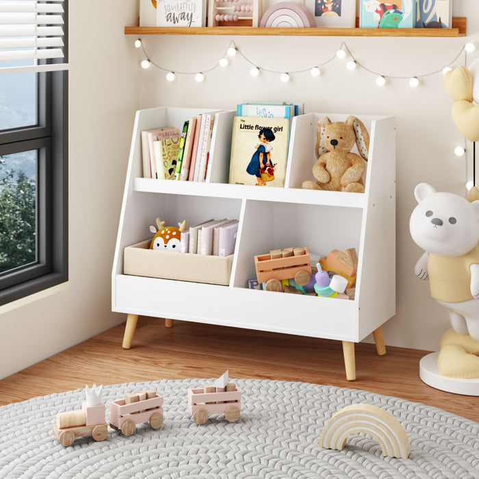 Kids Bookshelf And Toy Organizer, 5 Cubbies Wooden Open Bookcase, 2-Tier Baby Storage Display Organizer With Legs, Free Standing For Playing Room, Bedroom, Nursery, Classroom - White