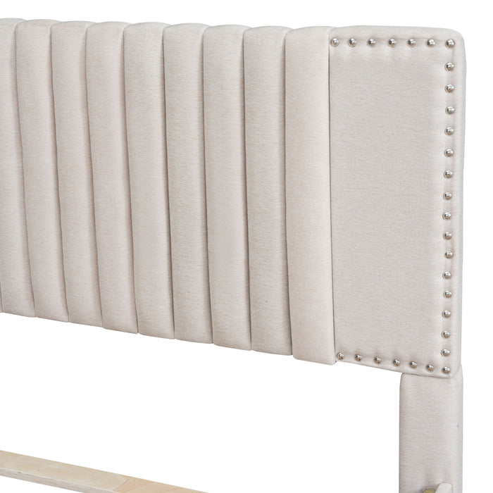 Upholstered Platform Bed With 2 Drawers And 1 Trundle, Classic Headboard Design