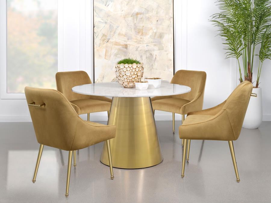 Ambrose - Round Dining Table Genuine Marble With Stainless Steel - White And Gold