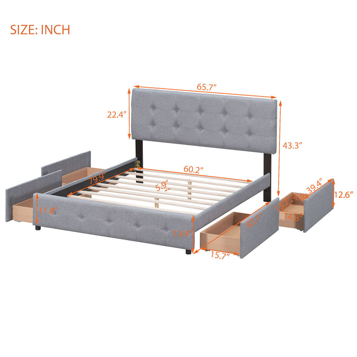 Queen Size Upholstered Platform Bed With Classic Headboard And 4 Drawers, No Box Spring Needed - Light Gray