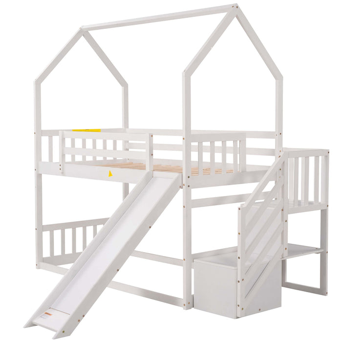 Twin Over Twin House Bunk Bed With Convertible Slide, Storage Staircase