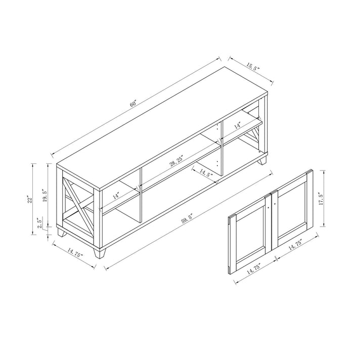 Craftsman Style TV Stand With Crosshatch Carvings Innovative Storage With Four Side Shelves & Glass Door Cabinet - Walnut Brown