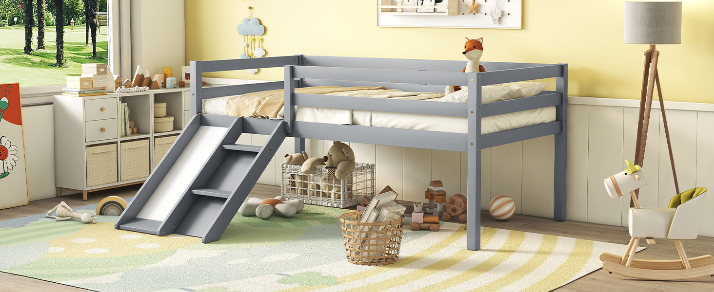 Low Loft Bed With Slide, Ladder, Safety Guardrails, No Box Spring Needed