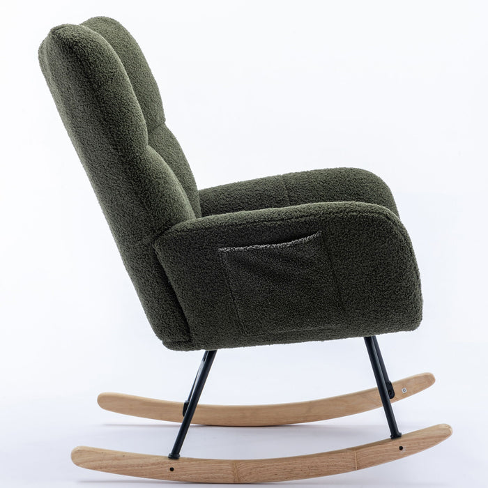 30.3" Rocking Chair With Pocket, Soft Teddy Fabric Rocking Chair For Nursery, Comfy Wingback Glider Rocker With Safe Solid Wood Base For Living Room Bedroom Balcony - Dark Green