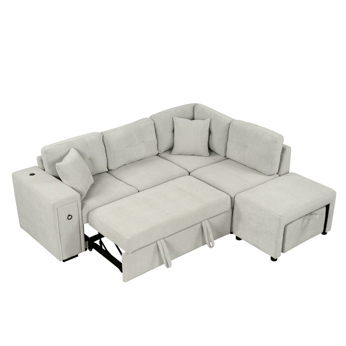 Sectional Sofa L-Shaped Sofa Couch Pull-Out Sofa Bed With A Movable Ottoman, Two USB Ports And Two Cup Holders For Living Room