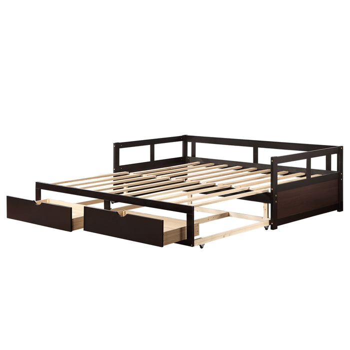 Wooden Daybed With Trundle Bed And Two Storage Drawers, Extendable Bed Daybed, Sofa Bed For Bedroom Living Room