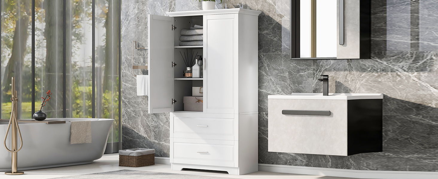 Tall Bathroom Storage Cabinet, Cabinet With Two Doors And Drawers, Adjustable Shelf, MDF Board - White