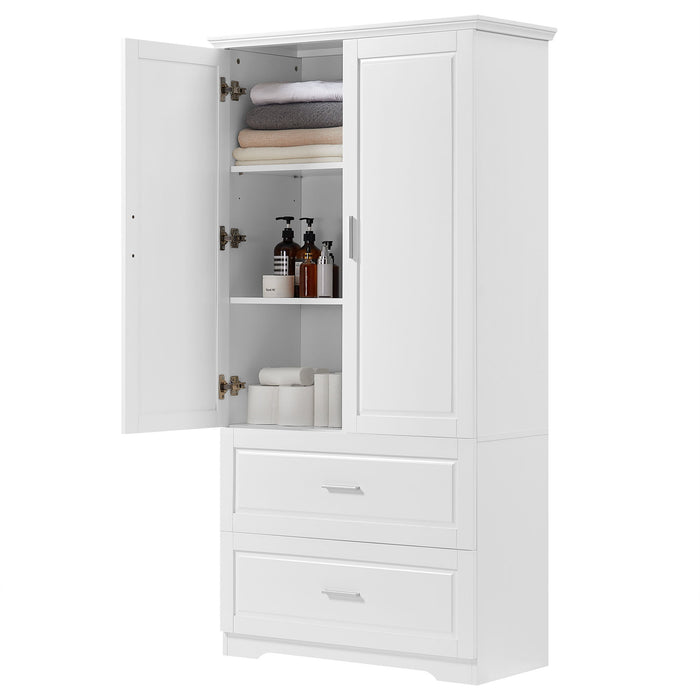 Tall Bathroom Storage Cabinet, With Two Doors And Drawers, Adjustable Shelf, MDF Board - White