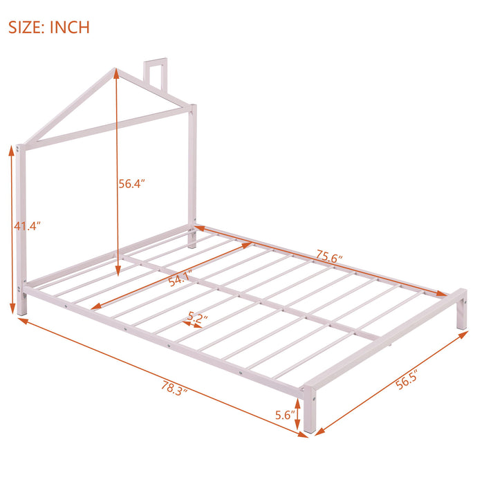 Full Size Metal Platform Bed With House-Shaped Headboard Design