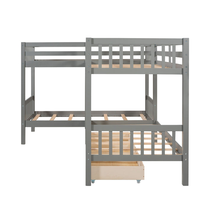 Twin L-Shaped Bunk Bed With Drawers - Gray