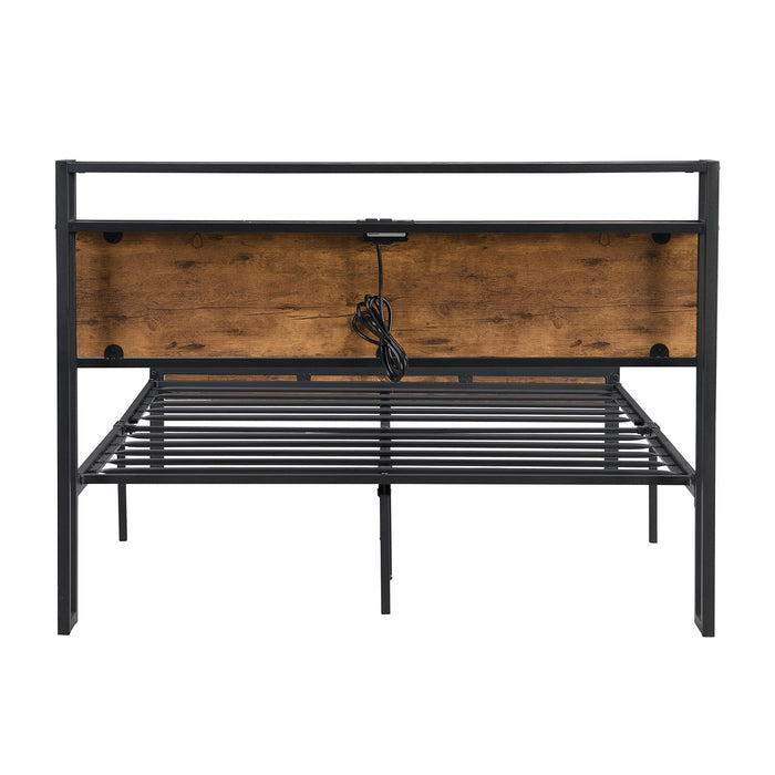 Queen Size Metal Platform Bed Frame With Wooden Headboard And Footboard With USB Liner, No Box Spring Needed - Brown