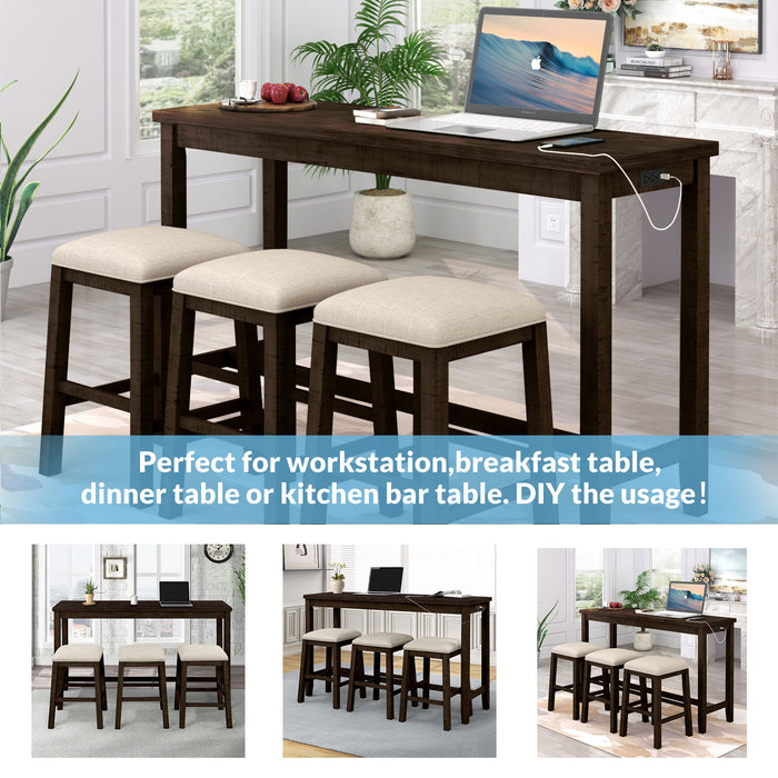 Topmax - 4 Pieces Counter Height Table With Fabric Padded Stools, Rustic Bar Dining Set With Socket