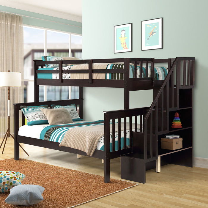 Stairway Twin Over Full Bunk Bed With Storage And Guard Rail For Bedroom - Espresso