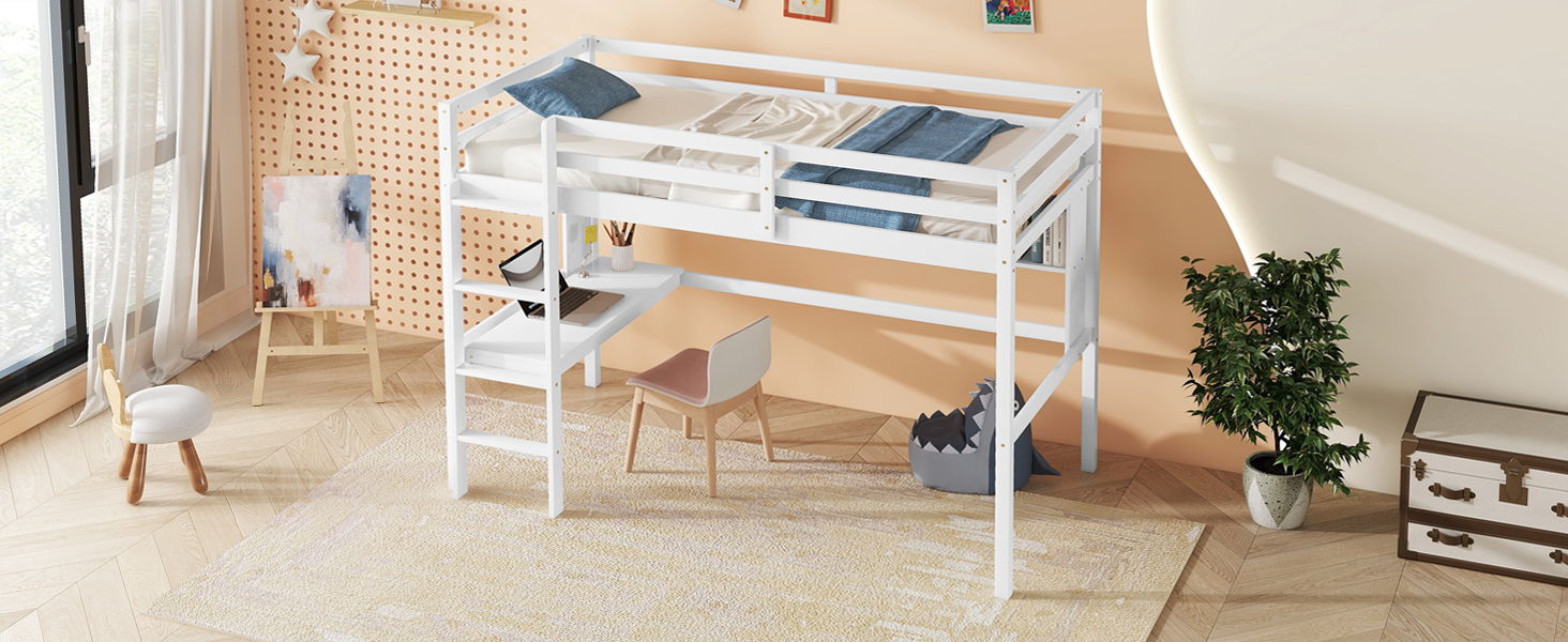 Loft Bed With Desk And Shelves, Safety Guardrail And Ladder