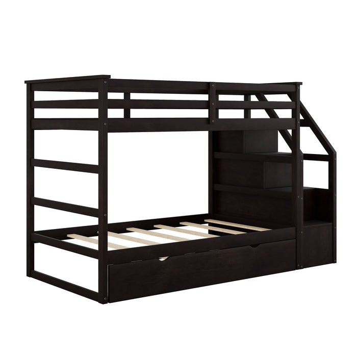 Twin-Over-Twin Bunk Bed With Twin Size Trundle And 3 Storage Stairs - Espresso