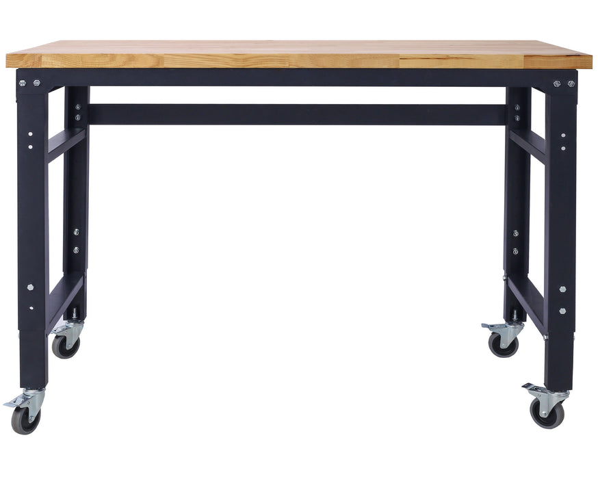 48" Wide Rolling Workbench For Garage, Adjustable Height, Workshop Tool Bench, Metal With Rubber Wood Top - Black / Light Brown