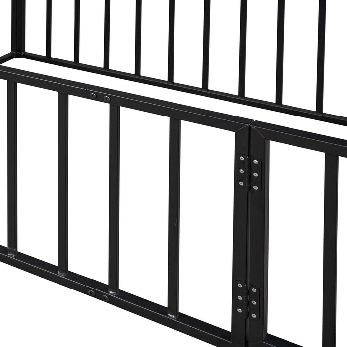 Metal Floor Bed Frame With Fence And Door - Black