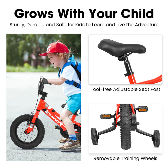 Kids' Bike 12" Wheels, 1 Speed Boys Girls Child Bicycles For 2-4Years, With Removable Training Wheels Baby Toys, Front V Brake, Rear Holding Brake - Red