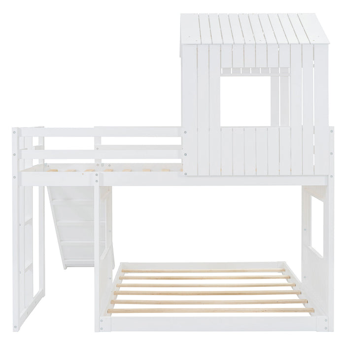 Wooden Twin Over Full Bunk Bed, Loft Bed With Playhouse, Farmhouse, Ladder, Slide And Guardrails - White