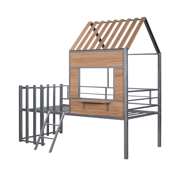 Twin Size Loft Bed With Roof, Window, Guardrail, Ladder