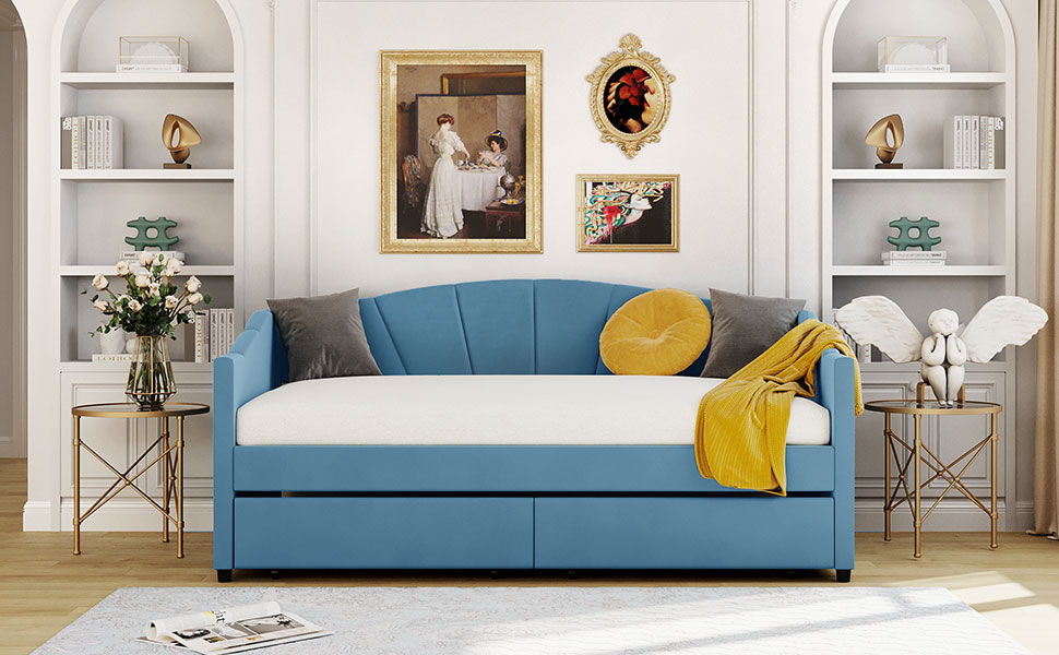 Upholstered Daybed With Two Drawers And Wood Slat