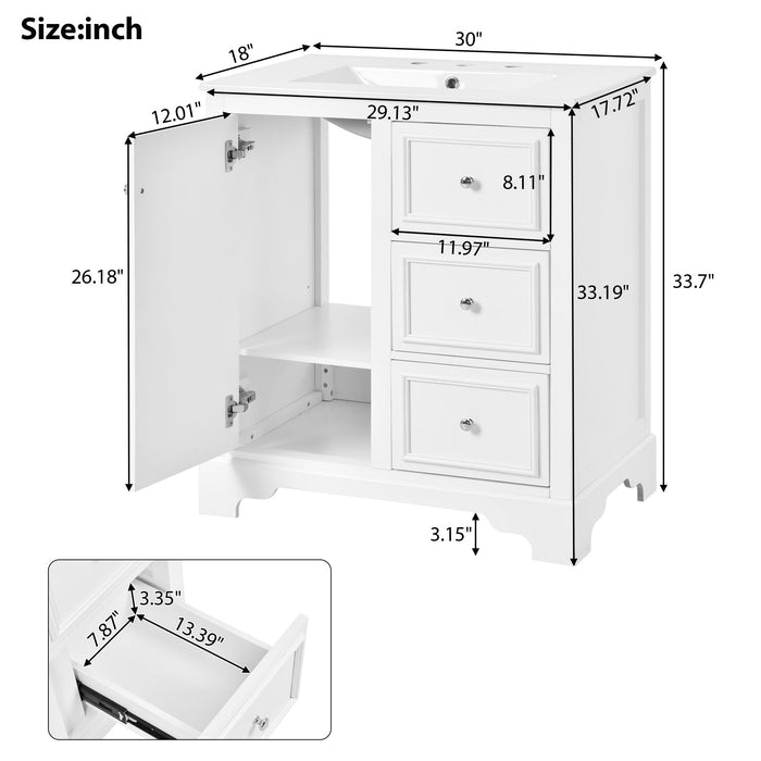 Bathroom Vanity Cabinet With Ceramic Basin, 3 Drawers And Adjustable Shelves