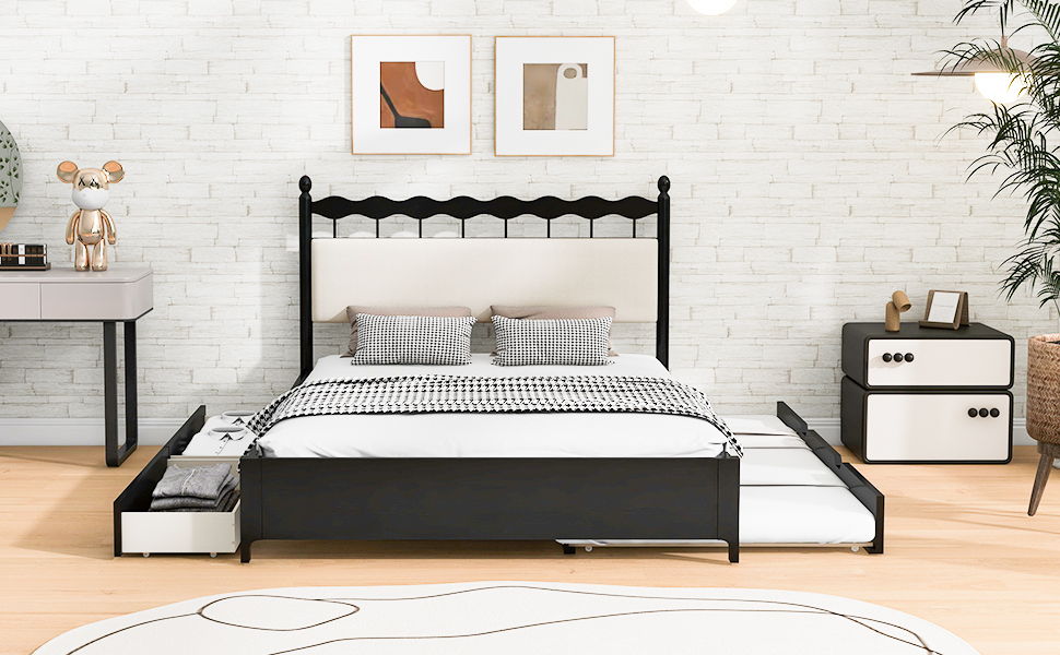 Wooden Storage Platform Bed, With 2 Big Drawers & Trundle