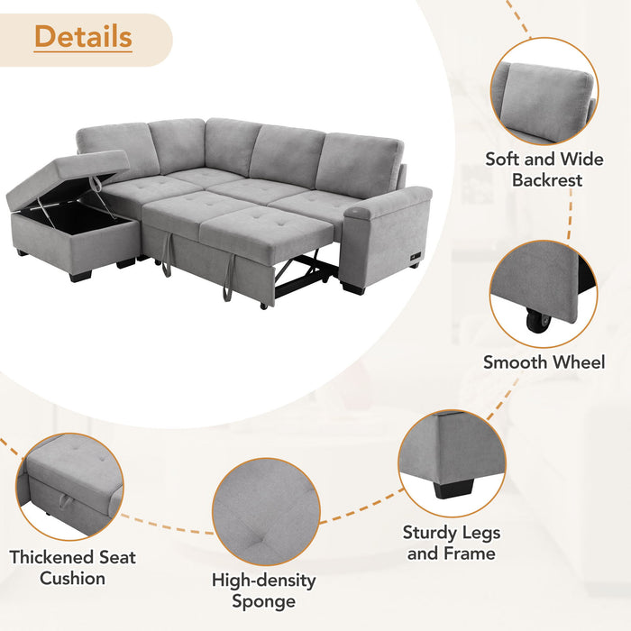 Sleeper Sectional Sofa, L-Shape Corner Couch Sofa Bed With Storage Ottoman & Hidden Arm Storage & USB Charge For Living Room Apartment