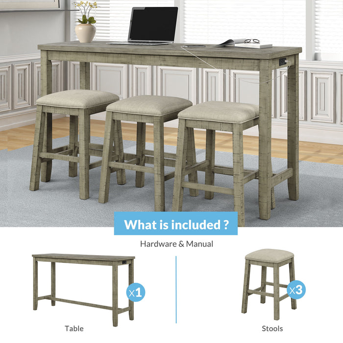 Topmax - 4 Pieces Counter Height Table With Fabric Padded Stools, Rustic Bar Dining Set With Socket